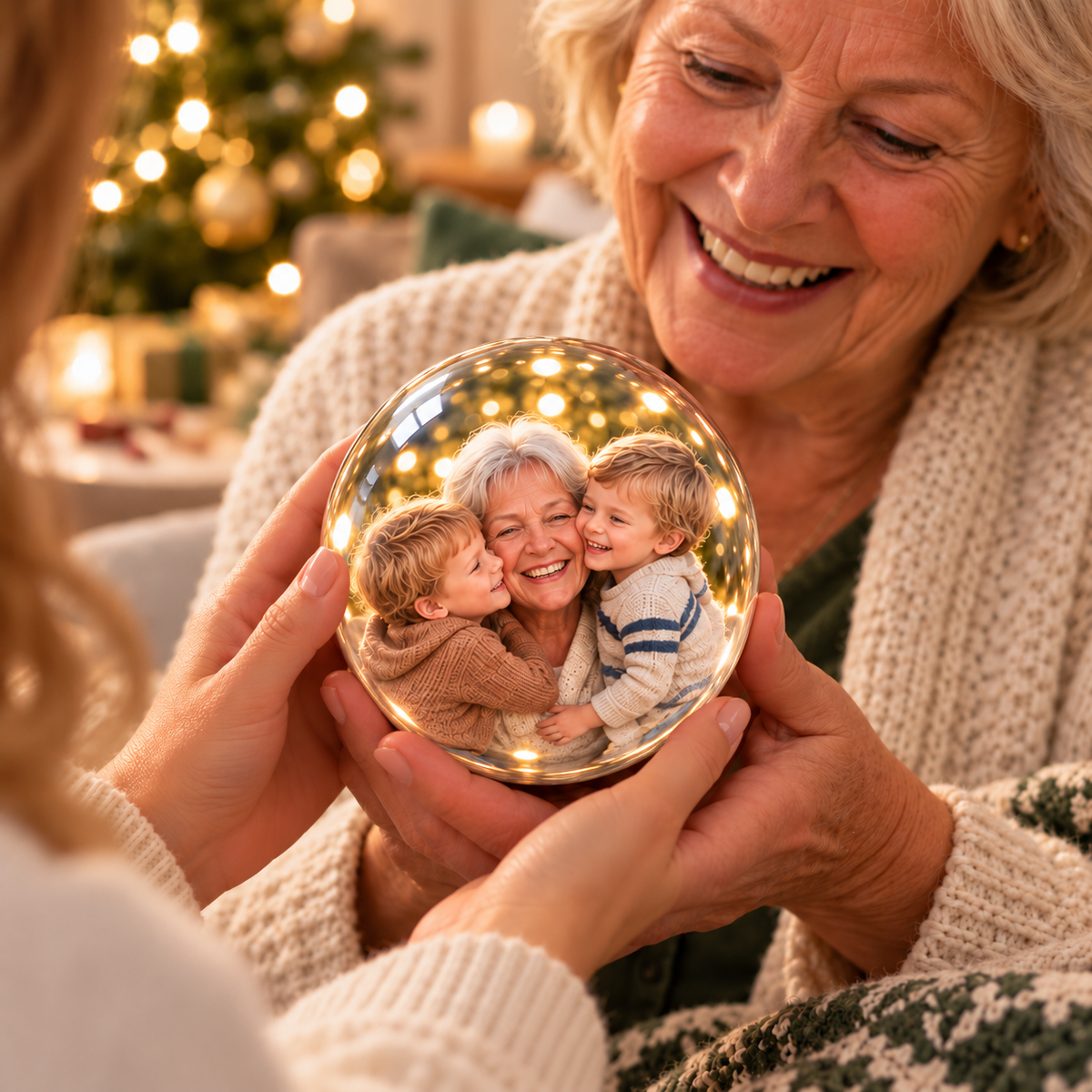Grandmother receiving a glass sphere with a memory of her grandchildren.