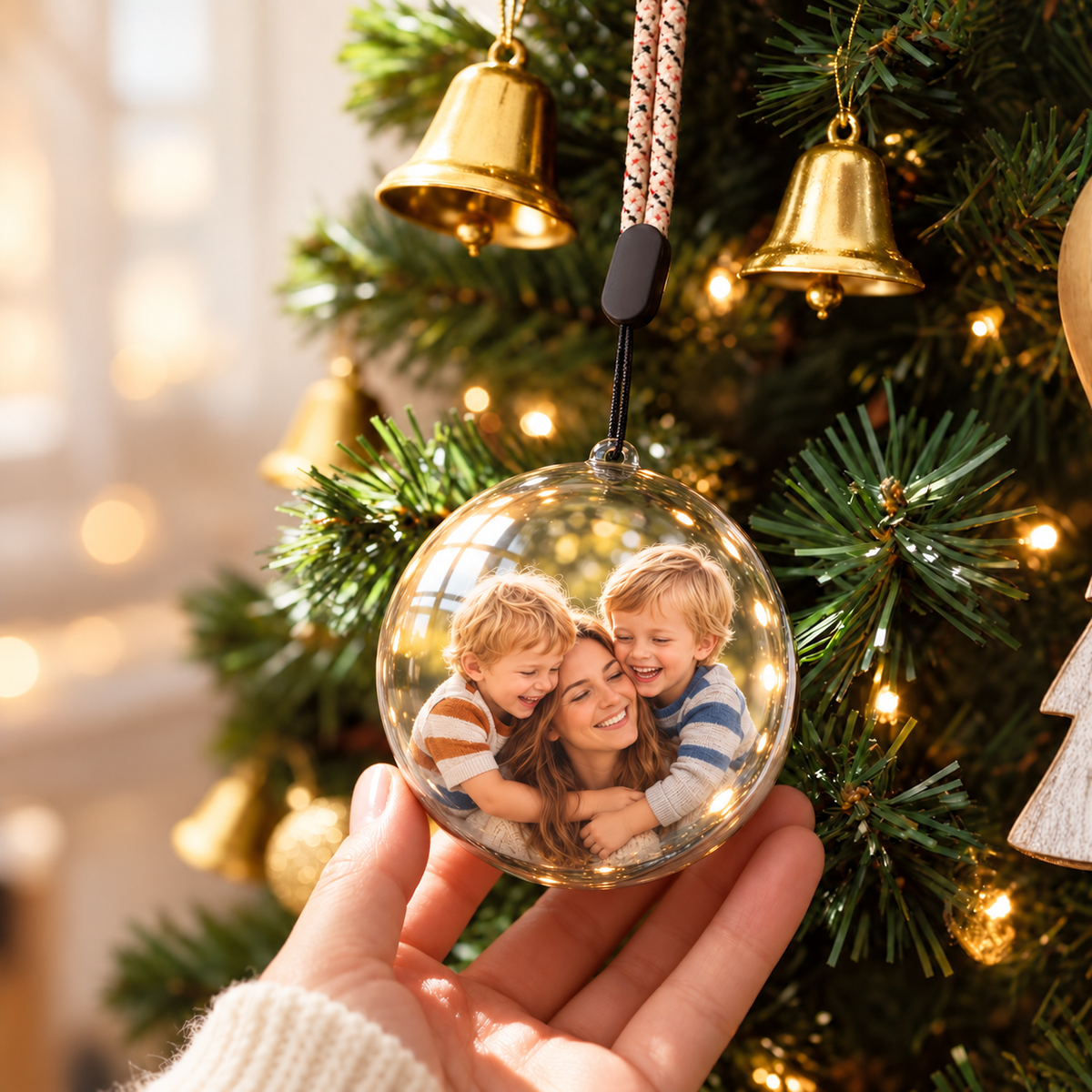 Spherical glass memory ornament showing a mother with her two children.