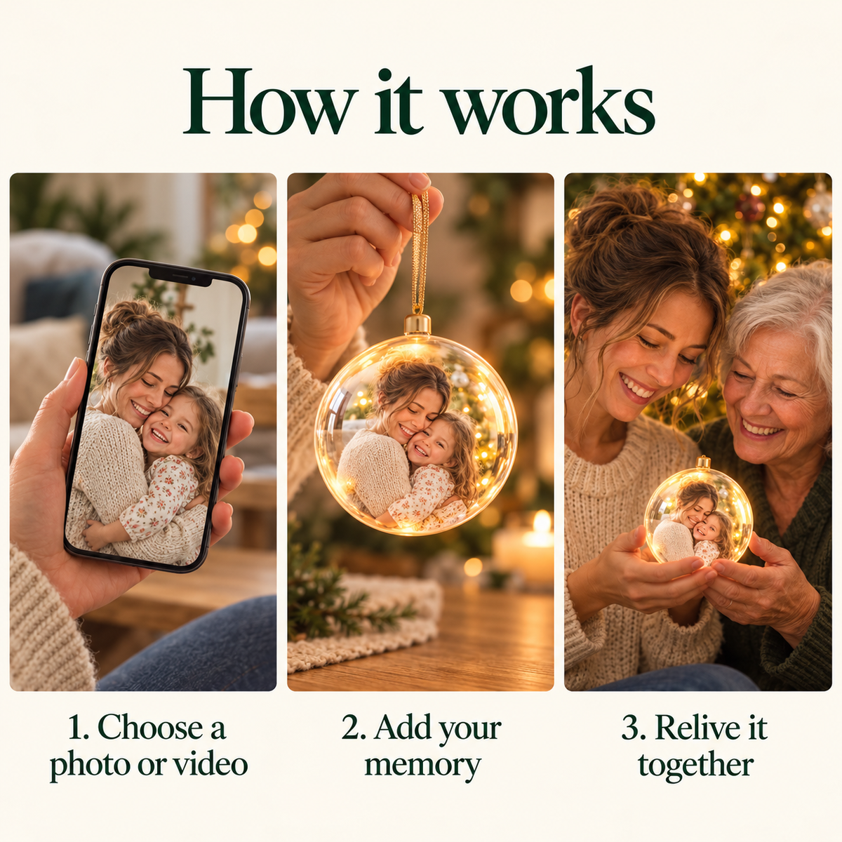 How it works: choose a family photo or video, add your memory, and relive it together.